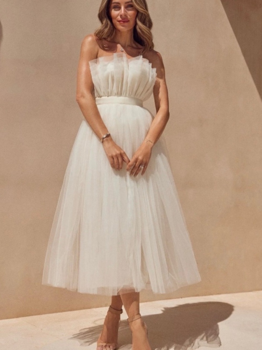 Karen Millen Ivory Strapless Tulle Midi Dress